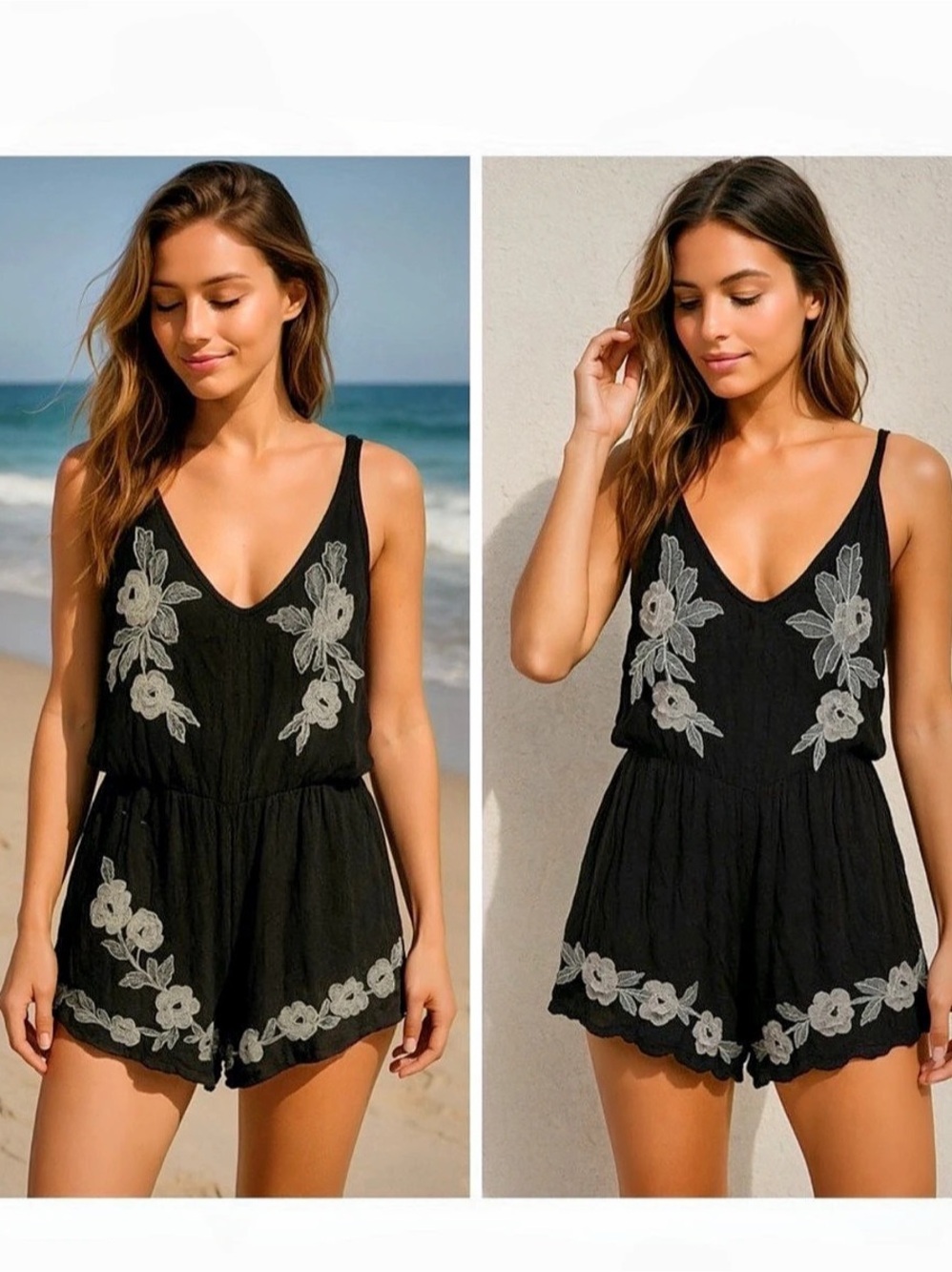 Free People Floral Embroidered Black Romper